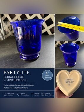 PartyLite Cobalt Blue Glass Votive Candle Holder Vintage Pedestal Tealight Cup